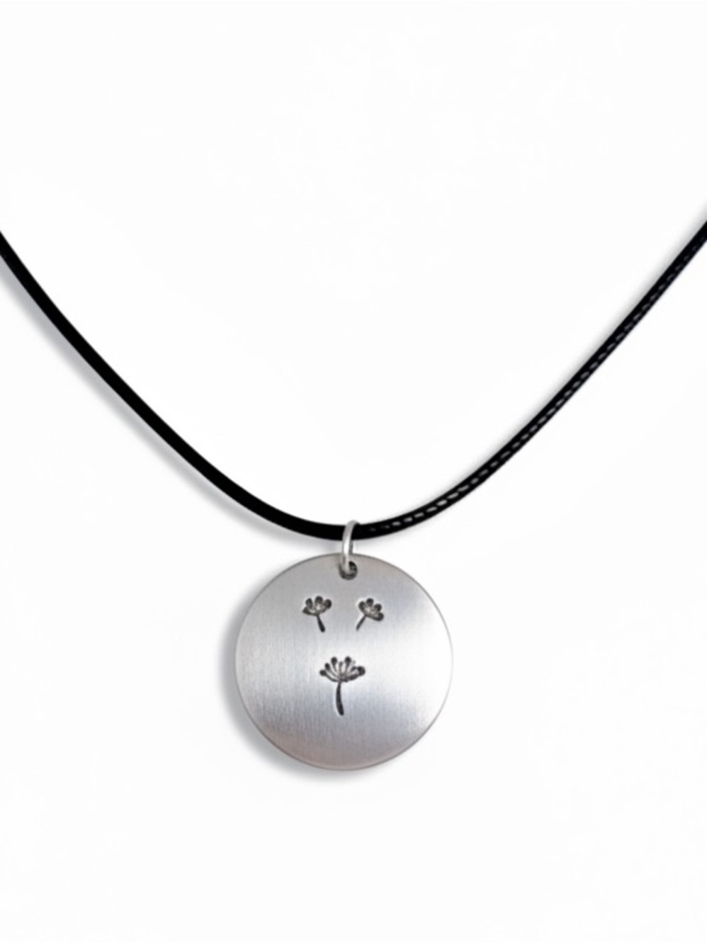 Handmade stamped dandelion silver hypoallergenic pendant‎ black leather necklace